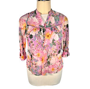 Juniper + Lime Blouse Womens PL 3/4 Sleeve Spring Floral Purple Pink Mesh